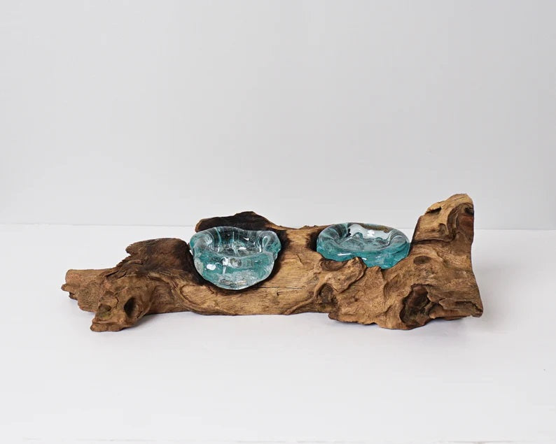 Blown Glass on Wood, Double, Candle Glass, Molten Glass, Handmade, Hand Blown Recycled Glass, Wedding Decoration, Anniversary Gift