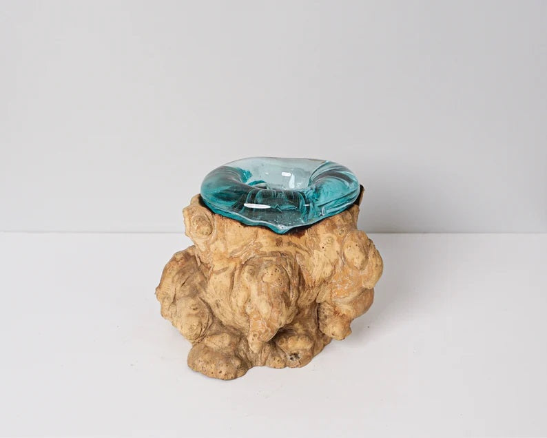 Blown Glass on Wood, Candle, Molten Glass, Hand Blown Recycled Glass, Unique, Office Decoration, Artwork, Birthday Gifts, Best Gifts for Her