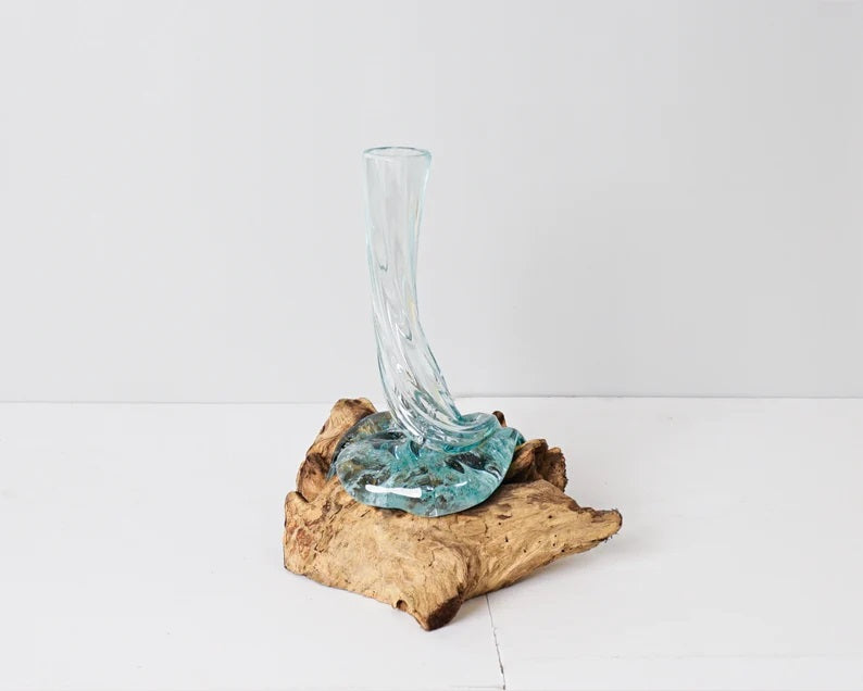 Blown Glass on Driftwood, Vase, Gamal, Molten Glass, Terrarium, Hand Blown Recycled Glass, Housewarming, Living Room Decor, Gift for Sister
