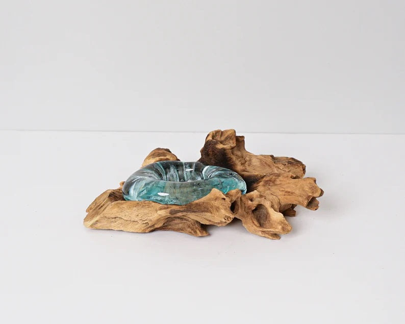 Blown Glass on Wood, Candle Vase, Molten Glass, Unique, Hand Blown Recycled Glass, Office Decor, Room Decoration, Kitchen Gift, Best gift