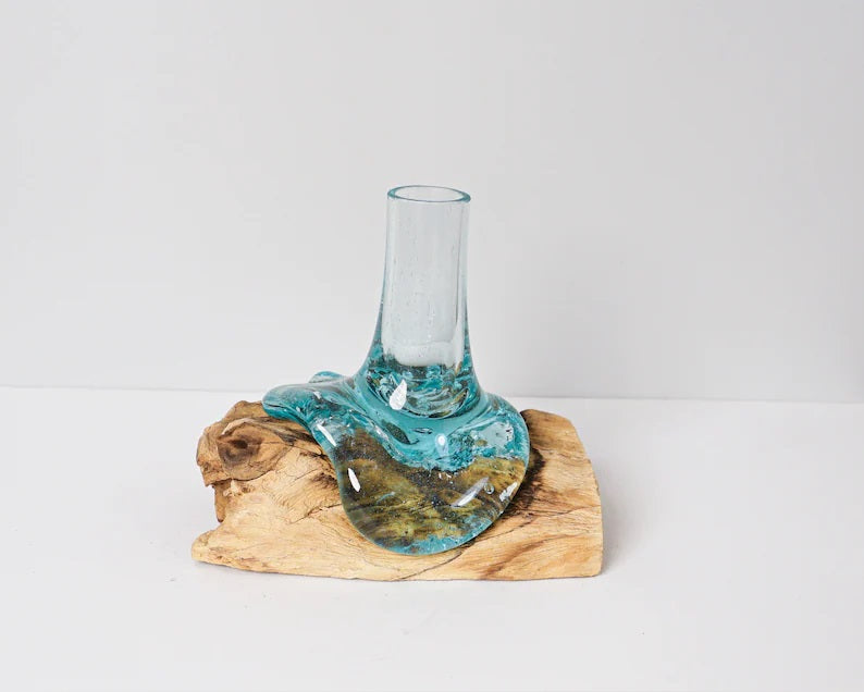 Blown Glass on Driftwood, Vase, Gamal, Molten Glass, Terrarium, Hand Blown Recycled Glass, Housewarming, Home Table Decor, Bridesmaid Gifts