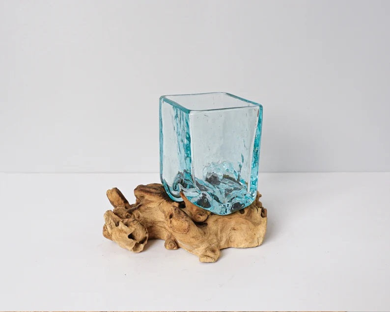 Blown Glass on Driftwood, Vase, Molten Glass, Terrarium Glass, Hand Blown Recycled Glass, Office Decor, Decorative, Unique, Gift for Mother
