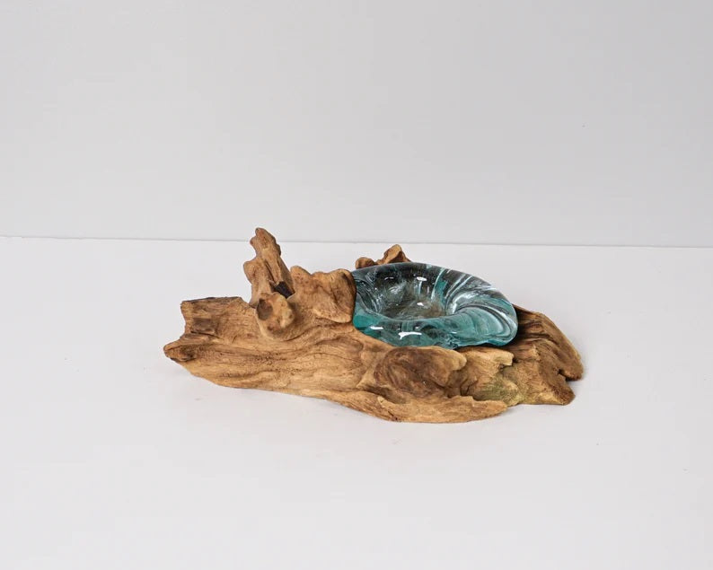 Blown Glass on Wood, Candle Vase, Molten Glass, Unique, Hand Blown Recycled Glass, Office Decor, Room Decoration, Kitchen Gift, Best gift
