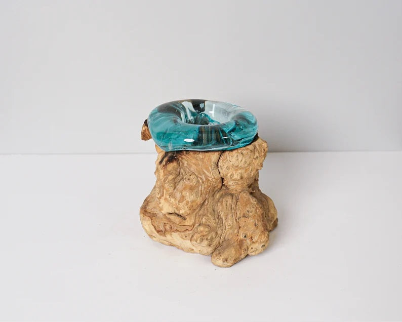 Blown Glass on Wood, Candle, Molten Glass, Hand Blown Recycled Glass, Unique, Office Decoration, Artwork, Birthday Gifts, Best Gifts for Her