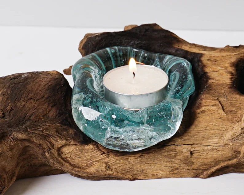 Blown Glass on Wood, Double, Candle Glass, Molten Glass, Handmade, Hand Blown Recycled Glass, Wedding Decoration, Anniversary Gift
