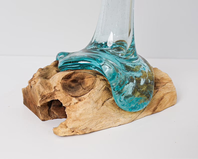 Blown Glass on Driftwood, Vase, Gamal, Molten Glass, Terrarium, Hand Blown Recycled Glass, Housewarming, Home Table Decor, Bridesmaid Gifts