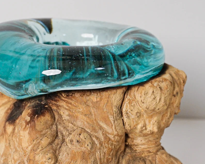 Blown Glass on Wood, Candle, Molten Glass, Hand Blown Recycled Glass, Unique, Office Decoration, Artwork, Birthday Gifts, Best Gifts for Her