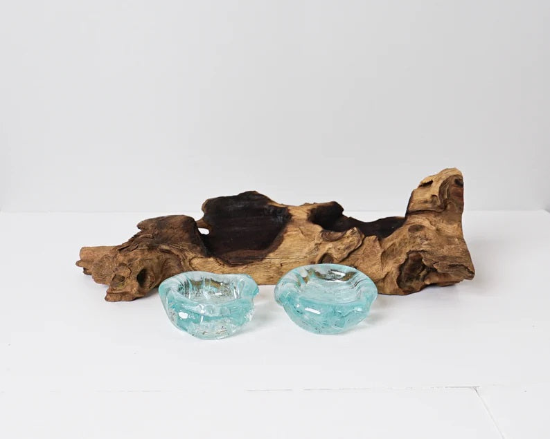 Blown Glass on Wood, Double, Candle Glass, Molten Glass, Handmade, Hand Blown Recycled Glass, Wedding Decoration, Anniversary Gift