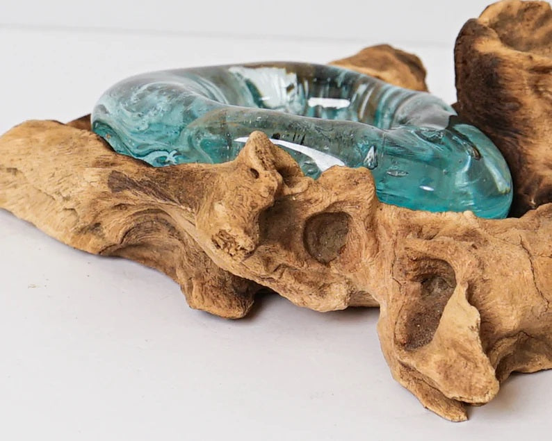 Blown Glass on Wood, Candle Vase, Molten Glass, Unique, Hand Blown Recycled Glass, Office Decor, Room Decoration, Kitchen Gift, Best gift
