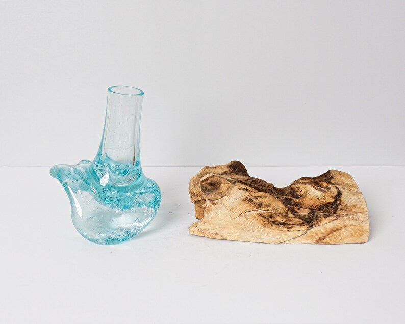 Blown Glass on Driftwood, Vase, Gamal, Molten Glass, Terrarium, Hand Blown Recycled Glass, Housewarming, Home Table Decor, Bridesmaid Gifts