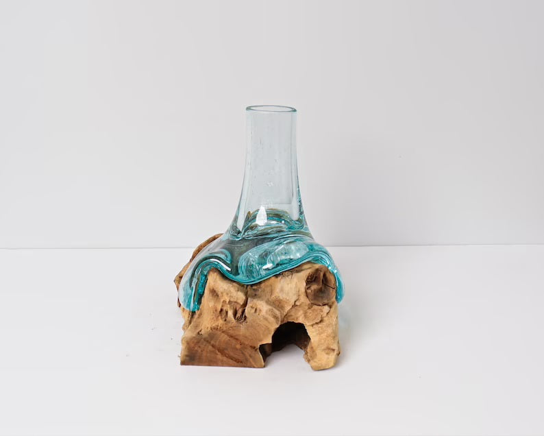 Blown Glass on Driftwood, Vase, Gamal, Molten Glass, Terrarium, Hand Blown Recycled Glass, Housewarming, Home Table Decor, Bridesmaid Gifts