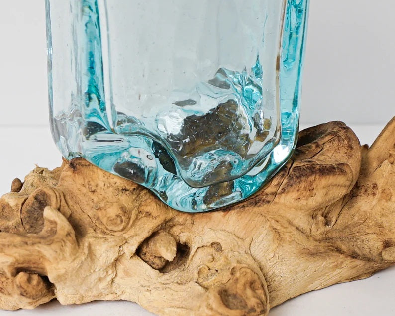 Blown Glass on Driftwood, Vase, Molten Glass, Terrarium Glass, Hand Blown Recycled Glass, Office Decor, Decorative, Unique, Gift for Mother