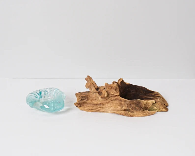 Blown Glass on Wood, Candle Vase, Molten Glass, Unique, Hand Blown Recycled Glass, Office Decor, Room Decoration, Kitchen Gift, Best gift