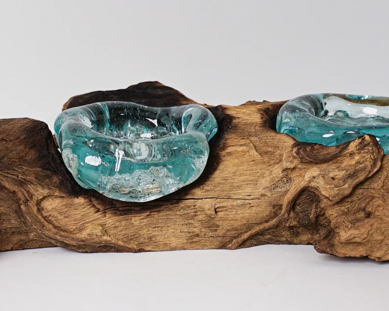 Blown Glass on Wood, Double, Candle Glass, Molten Glass, Handmade, Hand Blown Recycled Glass, Wedding Decoration, Anniversary Gift