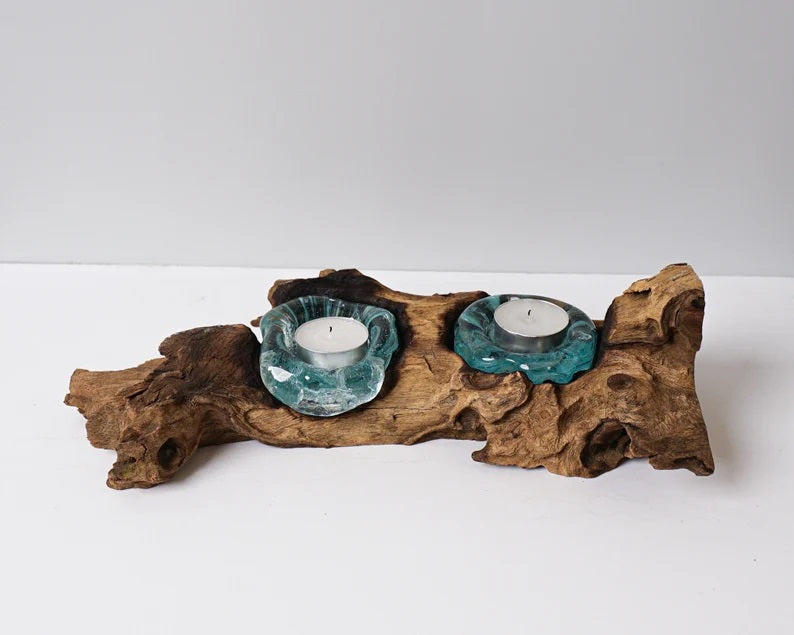 Blown Glass on Wood, Double, Candle Glass, Molten Glass, Handmade, Hand Blown Recycled Glass, Wedding Decoration, Anniversary Gift