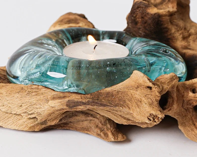 Blown Glass on Wood, Candle Vase, Molten Glass, Unique, Hand Blown Recycled Glass, Office Decor, Room Decoration, Kitchen Gift, Best gift