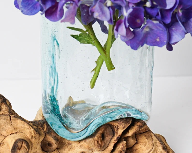 Blown Glass on Driftwood, Vase, Natural Piece, Molten Glass, Terrarium, Artwork, Hand Blown Recycled Glass, Gift for Mom, Memorial Gift