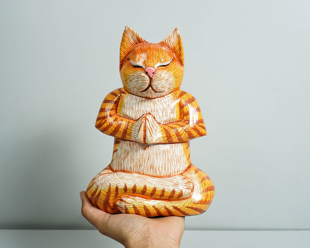 Meditating Cat Statue, Painted Cat Statue, Wood Carving, Cat Yoga Figurine, Art Work, Wooden Cat, Colourfull Cat Statue, Appreciated Gift