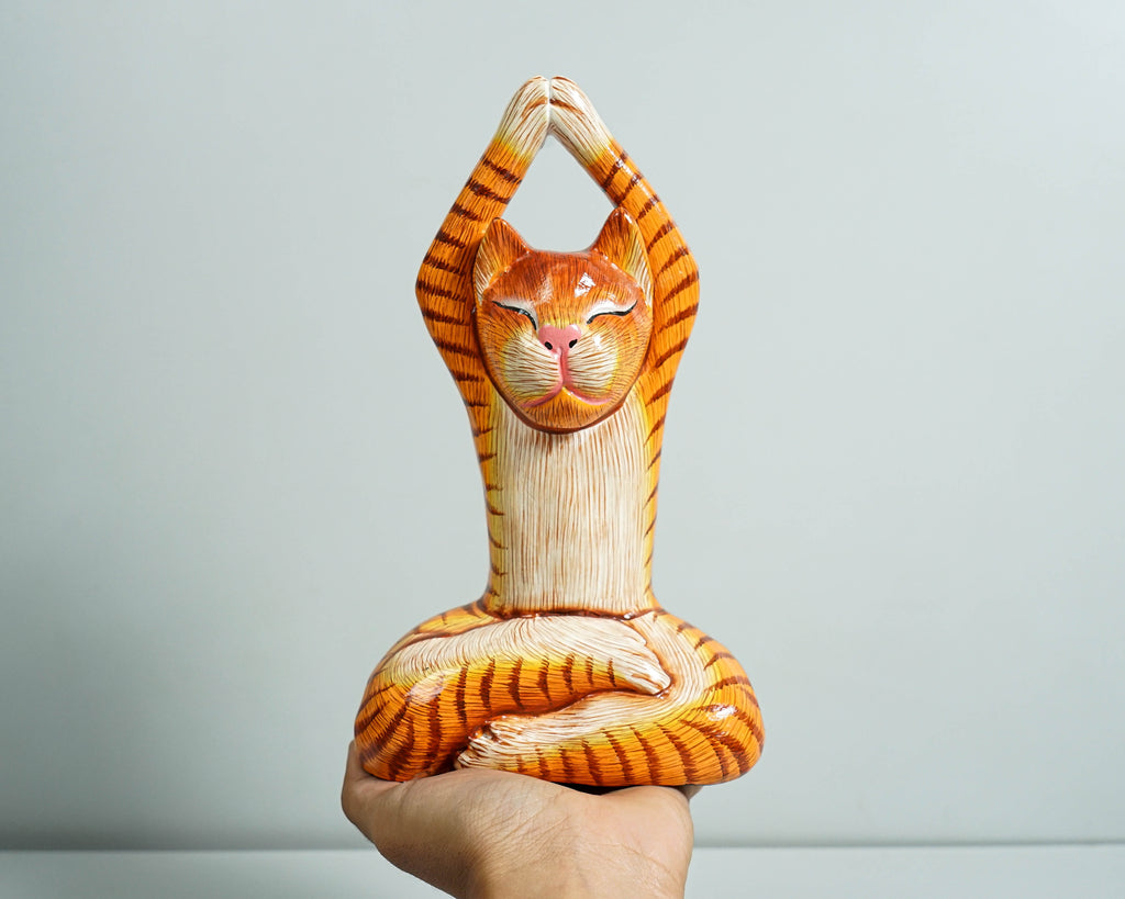 Painted Cat Statue, Cat Yoga Pose Figurine, Handcrafted, Wooden Cat, Meditating Cat, Colourfull Cat Statue, Interior Decor, Grandfather Gift