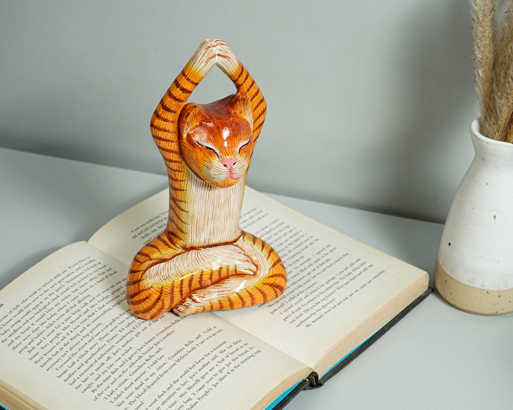 Painted Cat Statue, Cat Yoga Pose Figurine, Handcrafted, Wooden Cat, Meditating Cat, Colourfull Cat Statue, Interior Decor, Grandfather Gift