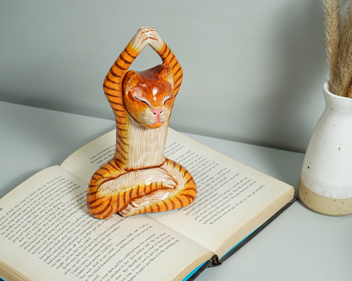 Painted Cat Statue, Cat Yoga Pose Figurine, Handcrafted, Wooden Cat, Meditating Cat, Colourfull Cat Statue, Interior Decor, Grandfather Gift