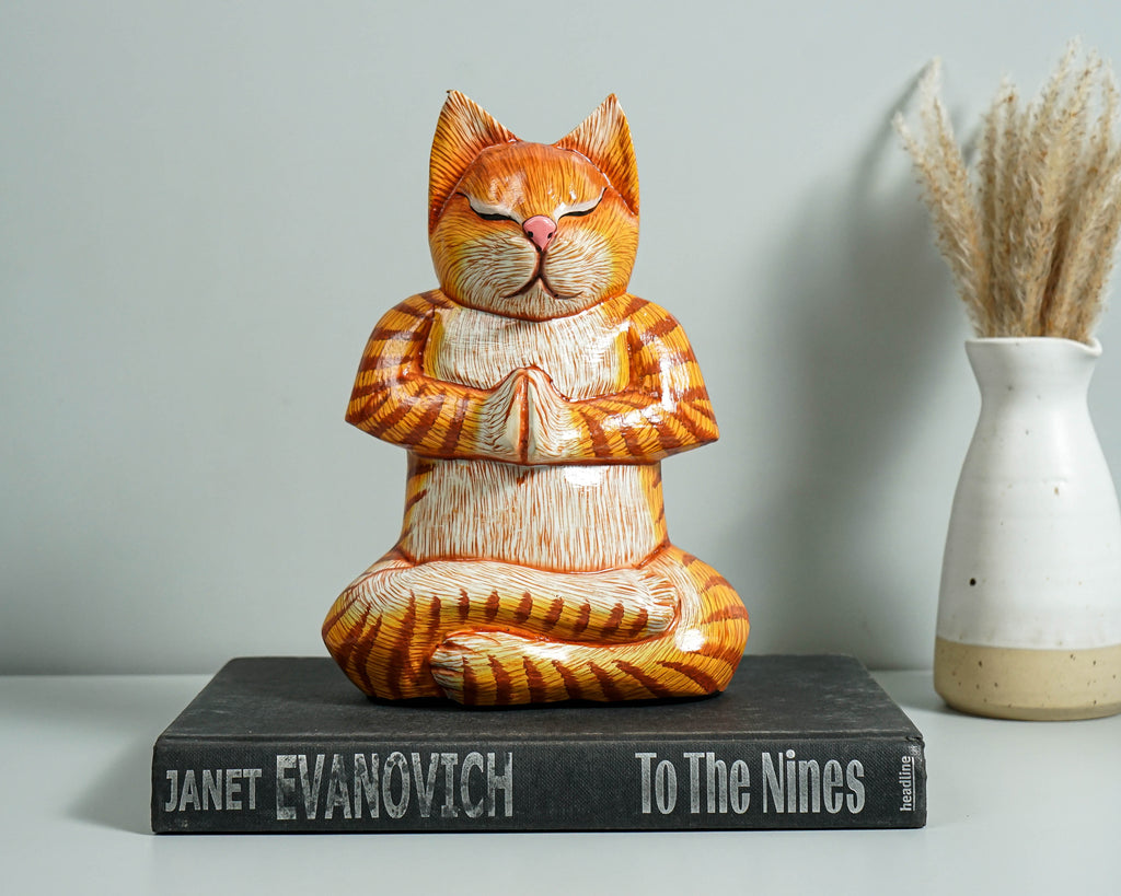 Meditating Cat Statue, Painted Cat Statue, Wood Carving, Cat Yoga Figurine, Art Work, Wooden Cat, Colourfull Cat Statue, Appreciated Gift