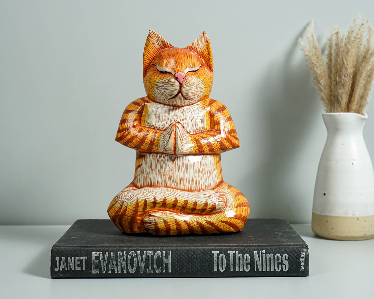 Meditating Cat Statue, Painted Cat Statue, Wood Carving, Cat Yoga Figurine, Art Work, Wooden Cat, Colourfull Cat Statue, Appreciated Gift