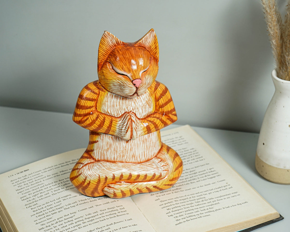 Meditating Cat Statue, Painted Cat Statue, Wood Carving, Cat Yoga Figurine, Art Work, Wooden Cat, Colourfull Cat Statue, Appreciated Gift