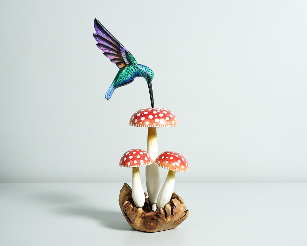 Green Hummingbird with Red Mushroom Sculpture, Wooden Art, Painted Statue, Wood Carving Figure, Colibri, Gift for Mother, Birthday Gift