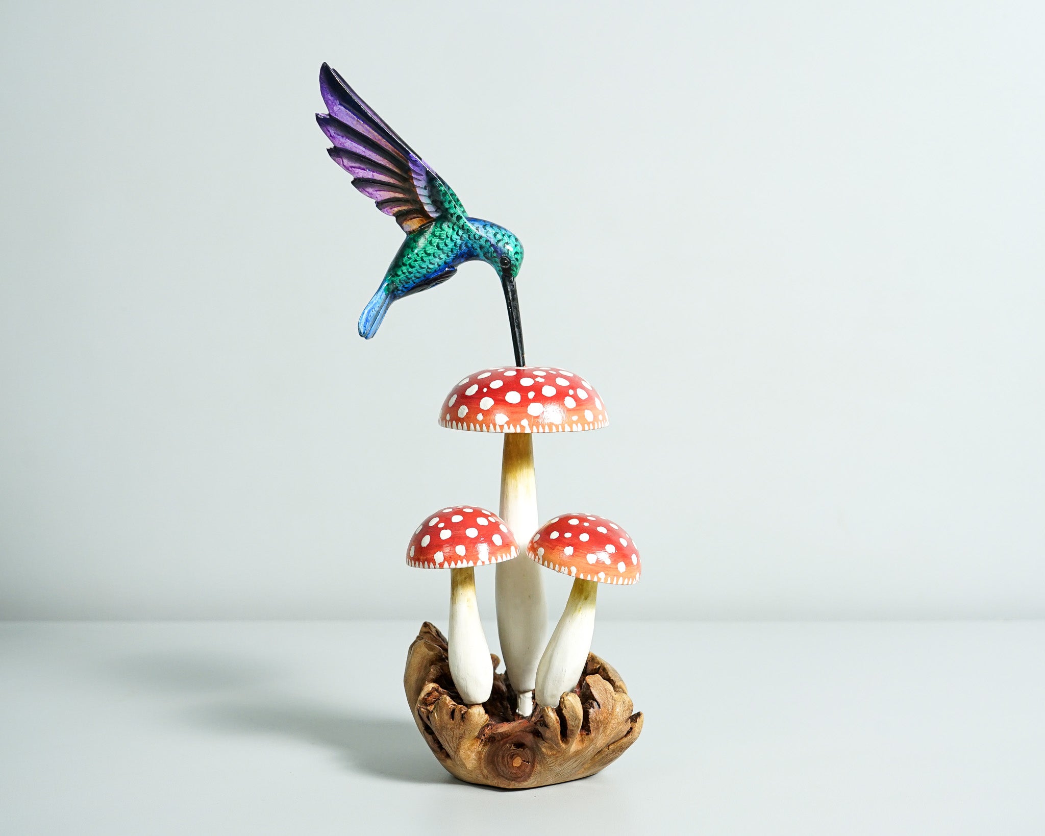 Green Hummingbird with Red Mushroom Sculpture, Wooden Art, Painted Statue, Wood Carving Figure, Colibri, Gift for Mother, Birthday Gift