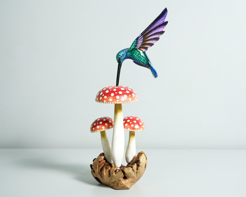 Green Hummingbird with Red Mushroom Sculpture, Wooden Art, Painted Statue, Wood Carving Figure, Colibri, Gift for Mother, Birthday Gift
