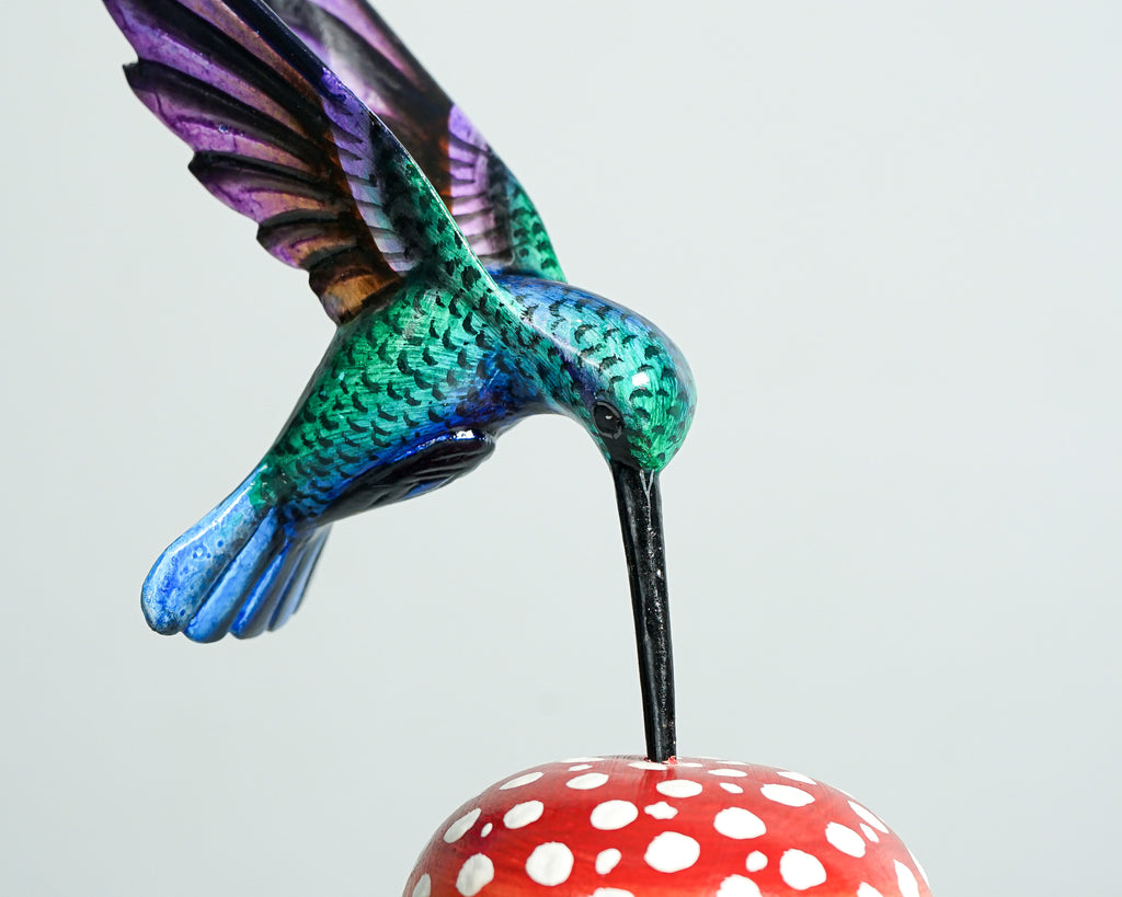 Green Hummingbird with Red Mushroom Sculpture, Wooden Art, Painted Statue, Wood Carving Figure, Colibri, Gift for Mother, Birthday Gift