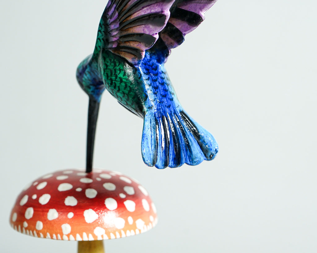 Green Hummingbird with Red Mushroom Sculpture, Wooden Art, Painted Statue, Wood Carving Figure, Colibri, Gift for Mother, Birthday Gift