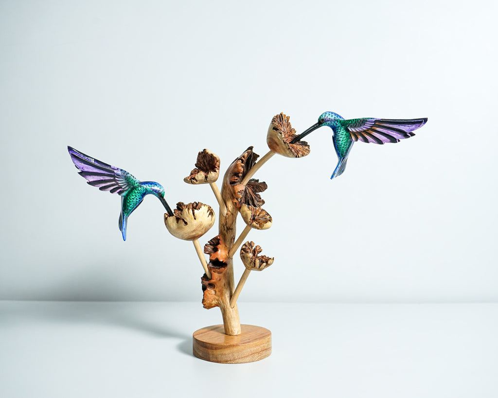 Couple Green Hummingbird Statue, Blue Bird, Painted Sculpture, Hand Painted, Artwork, Handmade Carving, Living Room Decor, Engagement Gift