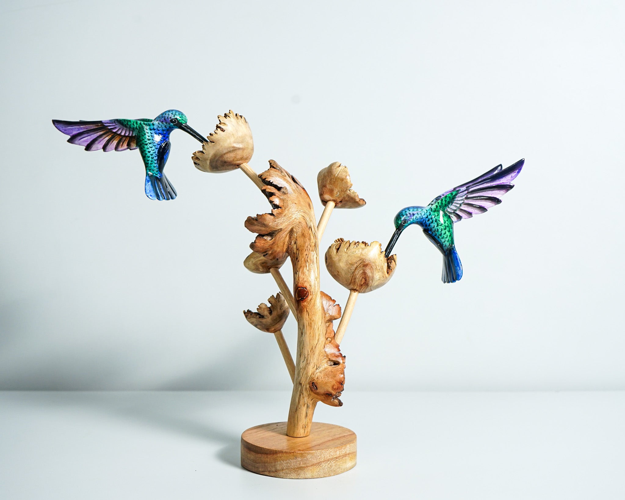 Couple Green Hummingbird Statue, Blue Bird, Painted Sculpture, Hand Painted, Artwork, Handmade Carving, Living Room Decor, Engagement Gift