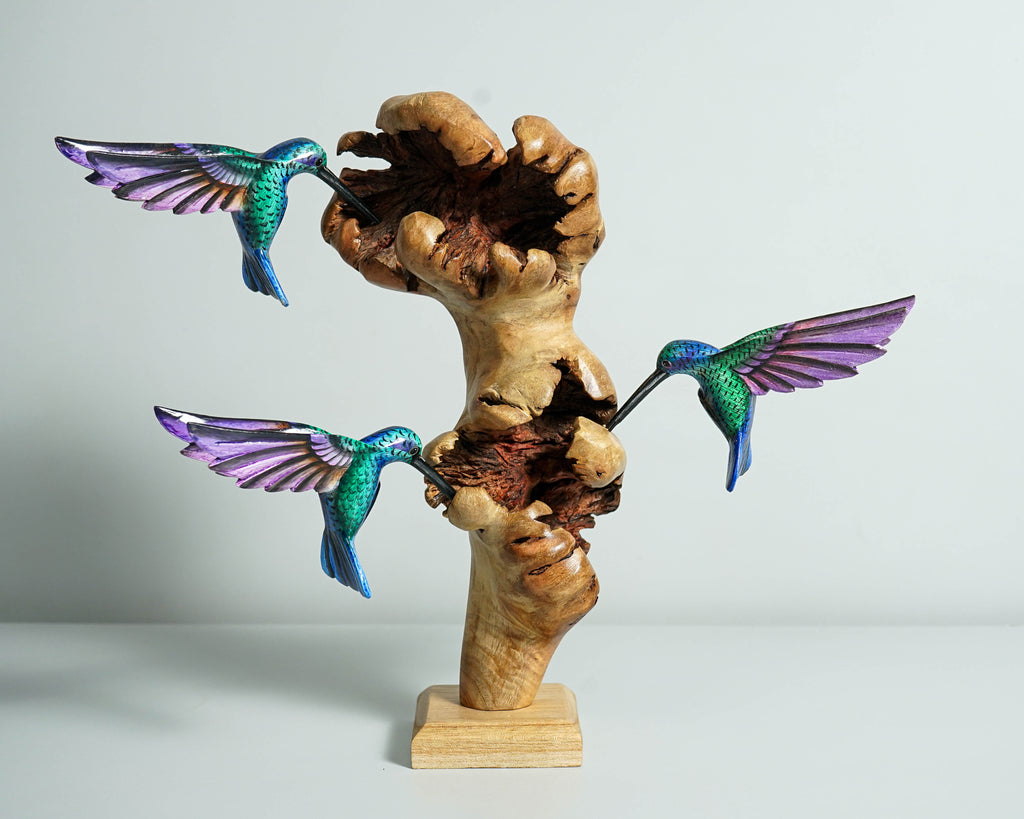 Three Hummingbirds Sculpture 10.4in Tall Hand Painted Wooden Bird Figurine Decor