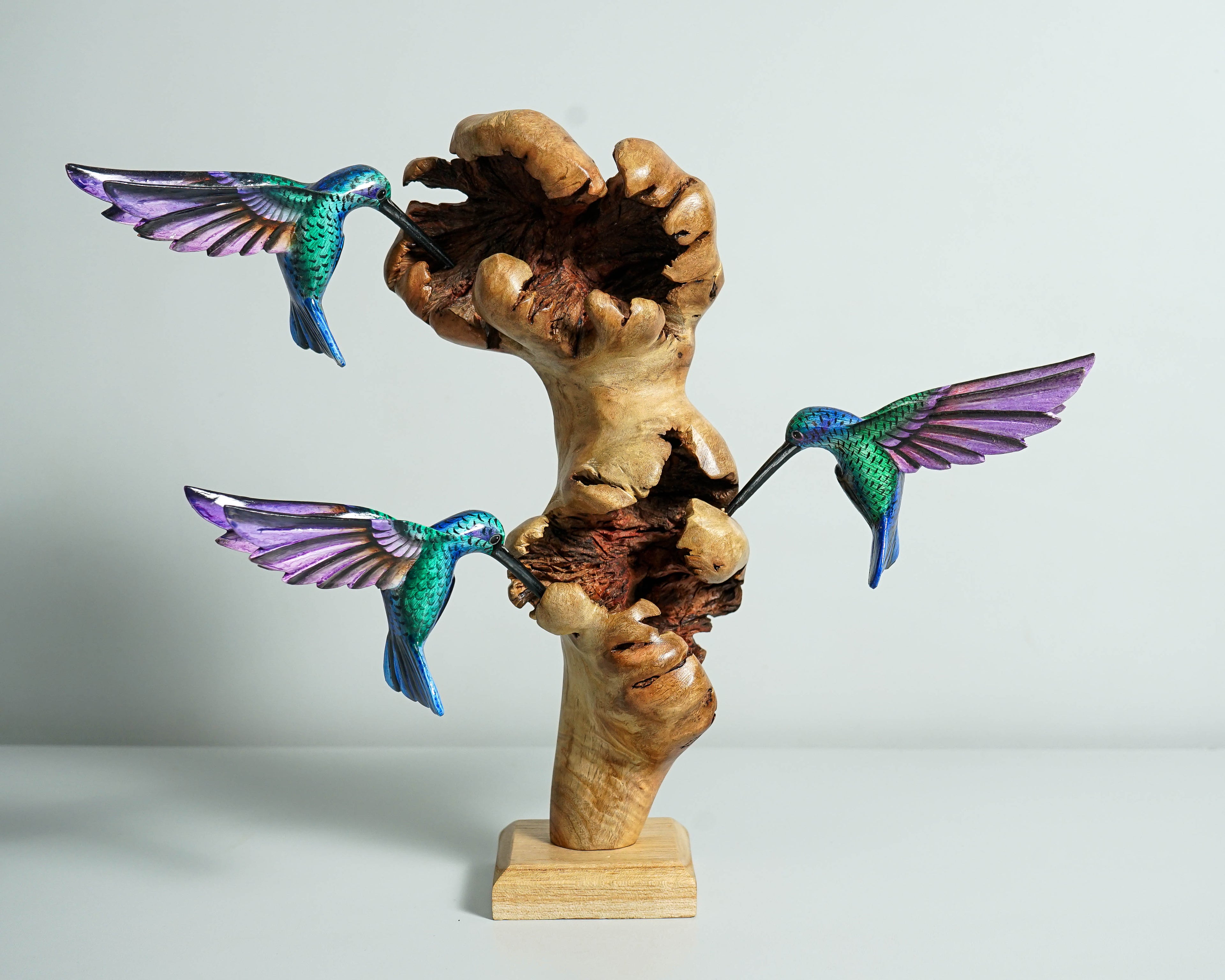 Three Hummingbirds Sculpture 10.4in Tall Hand Painted Wooden Bird Figurine Decor