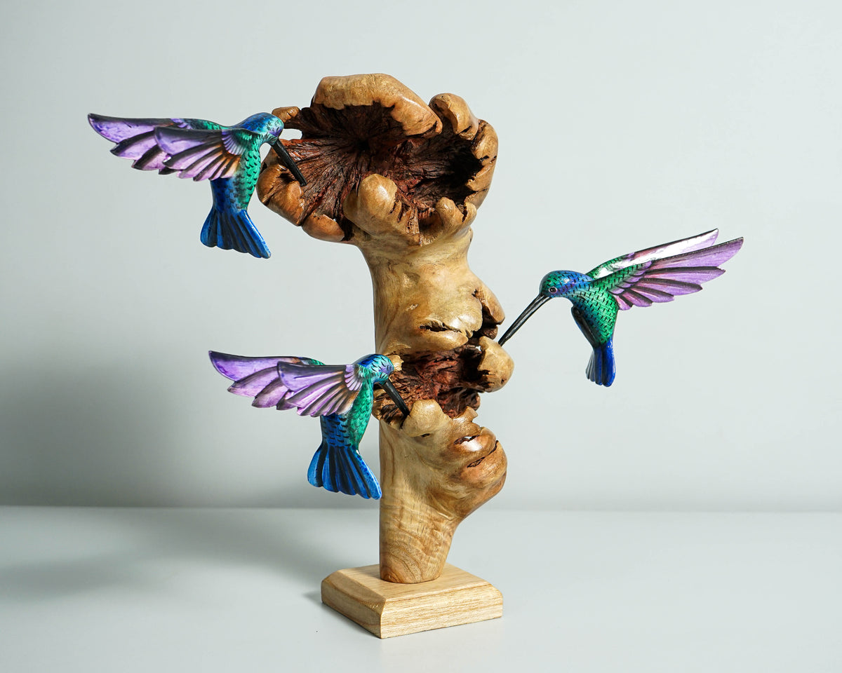 Three Hummingbirds Sculpture 10.4in Tall Hand Painted Wooden Bird Figurine Decor