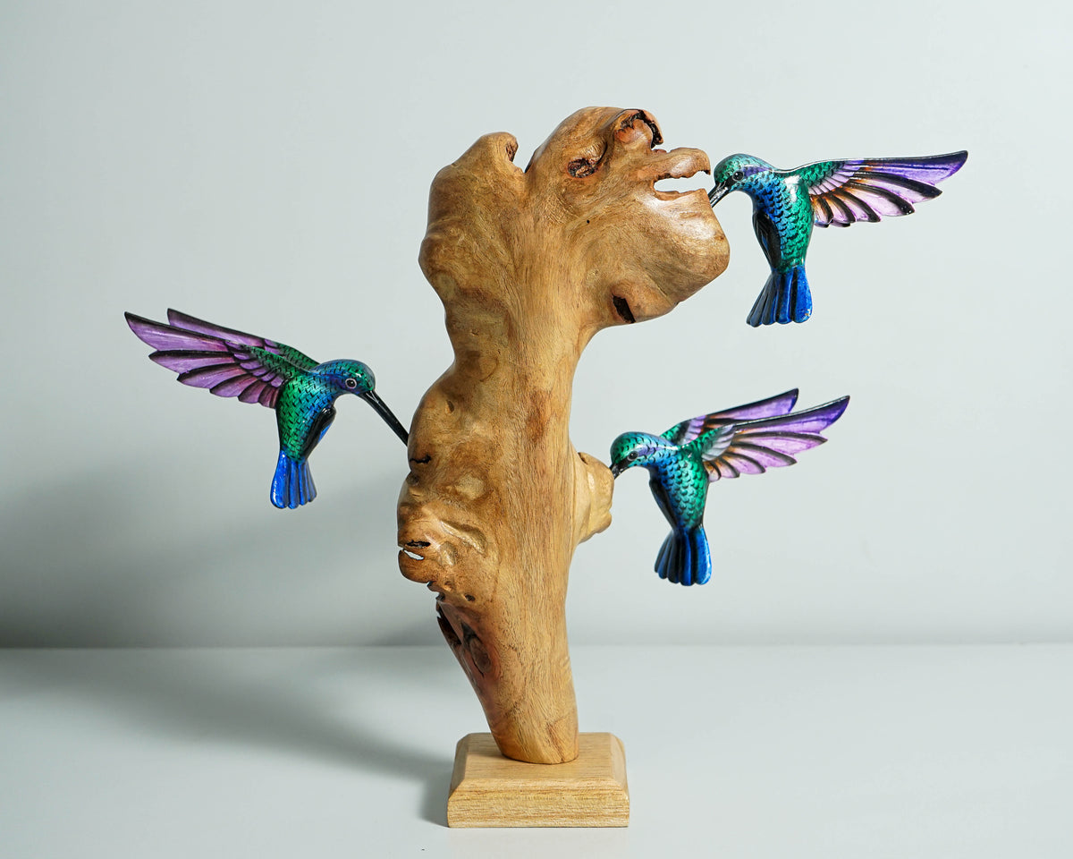 Three Hummingbirds Sculpture 10.4in Tall Hand Painted Wooden Bird Figurine Decor