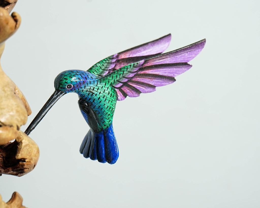 Three Hummingbirds Sculpture 10.4in Tall Hand Painted Wooden Bird Figurine Decor