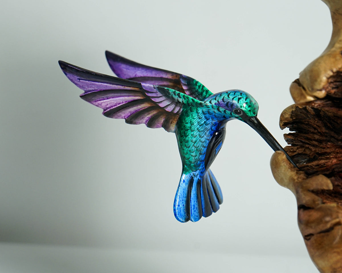 Three Hummingbirds Sculpture 10.4in Tall Hand Painted Wooden Bird Figurine Decor