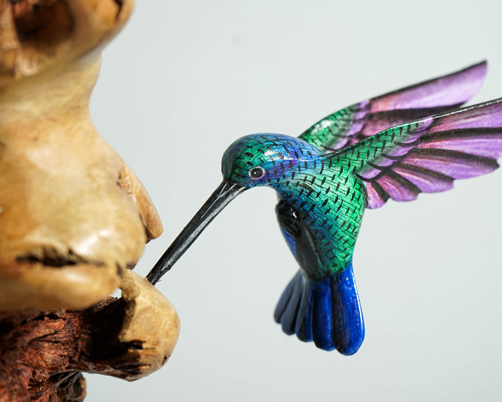 Three Hummingbirds Sculpture 10.4in Tall Hand Painted Wooden Bird Figurine Decor