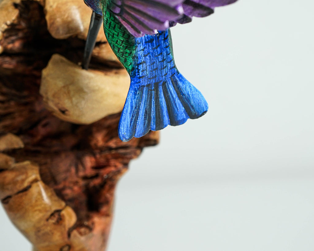 Three Hummingbirds Sculpture 10.4in Tall Hand Painted Wooden Bird Figurine Decor