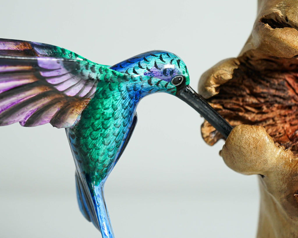 Three Hummingbirds Sculpture 10.4in Tall Hand Painted Wooden Bird Figurine Decor