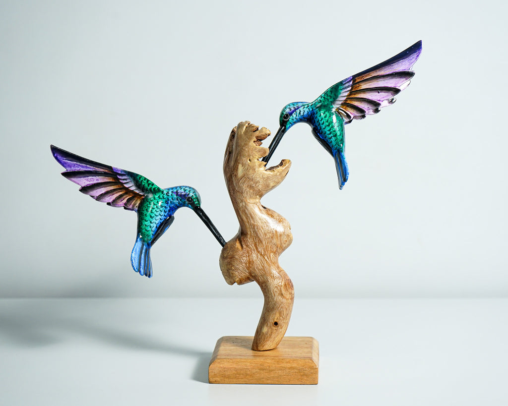Couple Green Hummingbird Statue, Blue, Painted Sculpture, Wood Carving Figure, Bird Statue, Colibri, Couple Decor, Home Decor, Wedding Gift