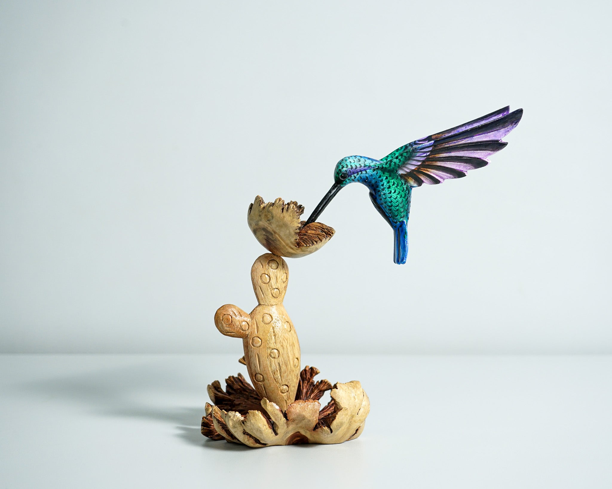 Colorful Hummingbird on Cactus Statue, Blue Bird, Painted Sculpture, Unique, Wood Carving Figure, Bird Statue, Table Decor, Gift for Mother