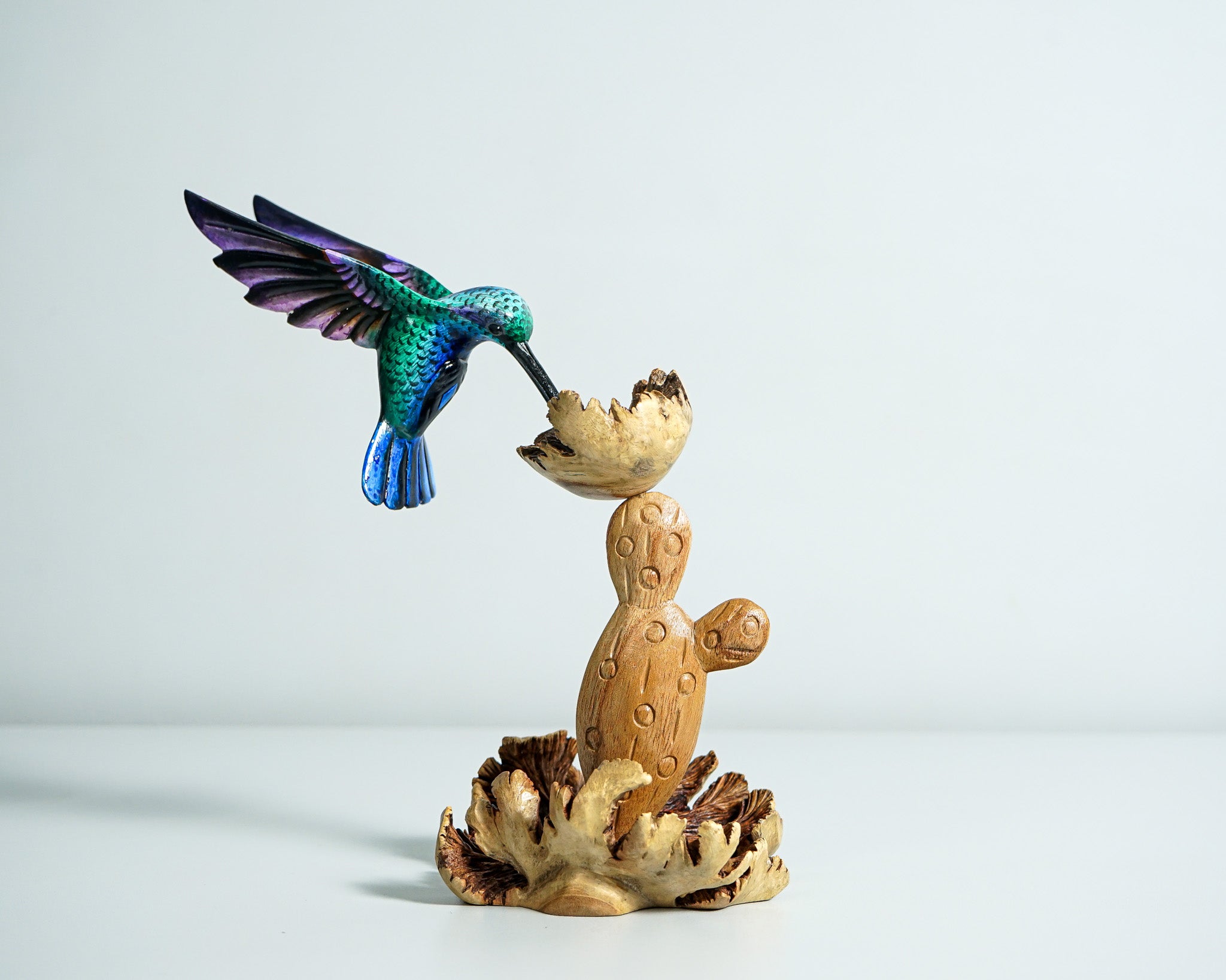 Colorful Hummingbird on Cactus Statue, Blue Bird, Painted Sculpture, Unique, Wood Carving Figure, Bird Statue, Table Decor, Gift for Mother