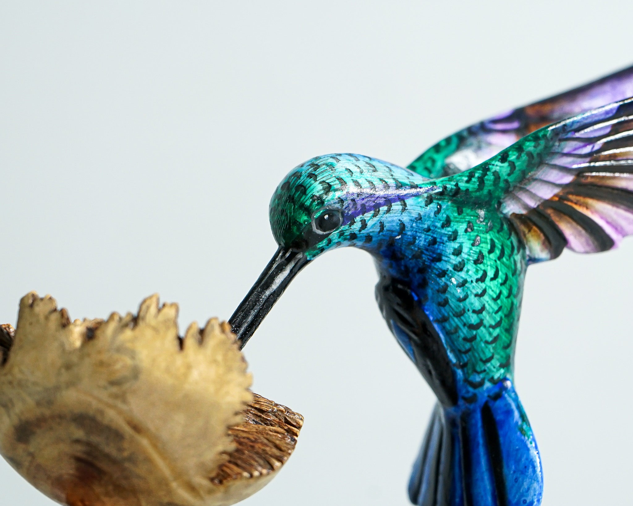 Colorful Hummingbird on Cactus Statue, Blue Bird, Painted Sculpture, Unique, Wood Carving Figure, Bird Statue, Table Decor, Gift for Mother