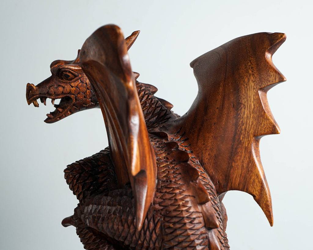 Dragon with Wings Statue, 12" Dragon Figurine, Mythology Animal, Art, Wood Carving, Fantasy, Office Decor, Gift For Brother, Birthday Gift