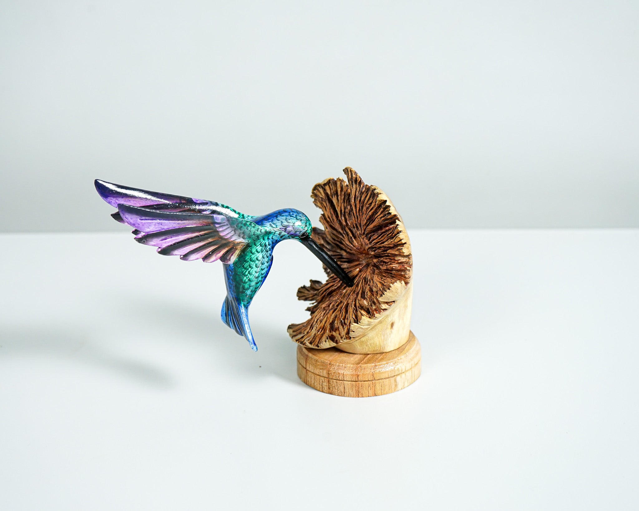 Blue Hummingbird Sculpture 4.1in Tall Hand-Painted Colorful Wood Bird Art